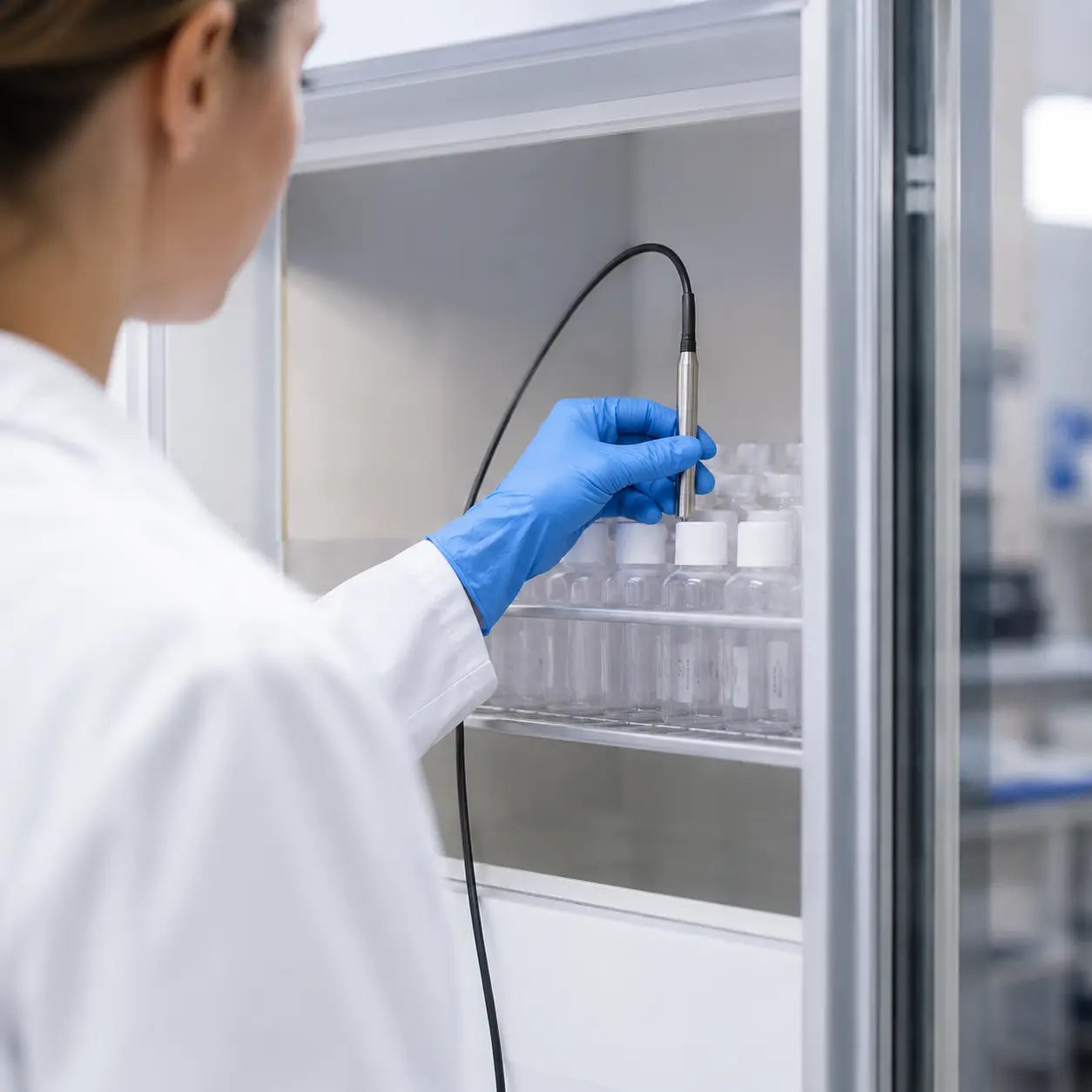 A gloved life-sciences technician lowering a wired Darca Collect temperature probe into a laboratory freezer