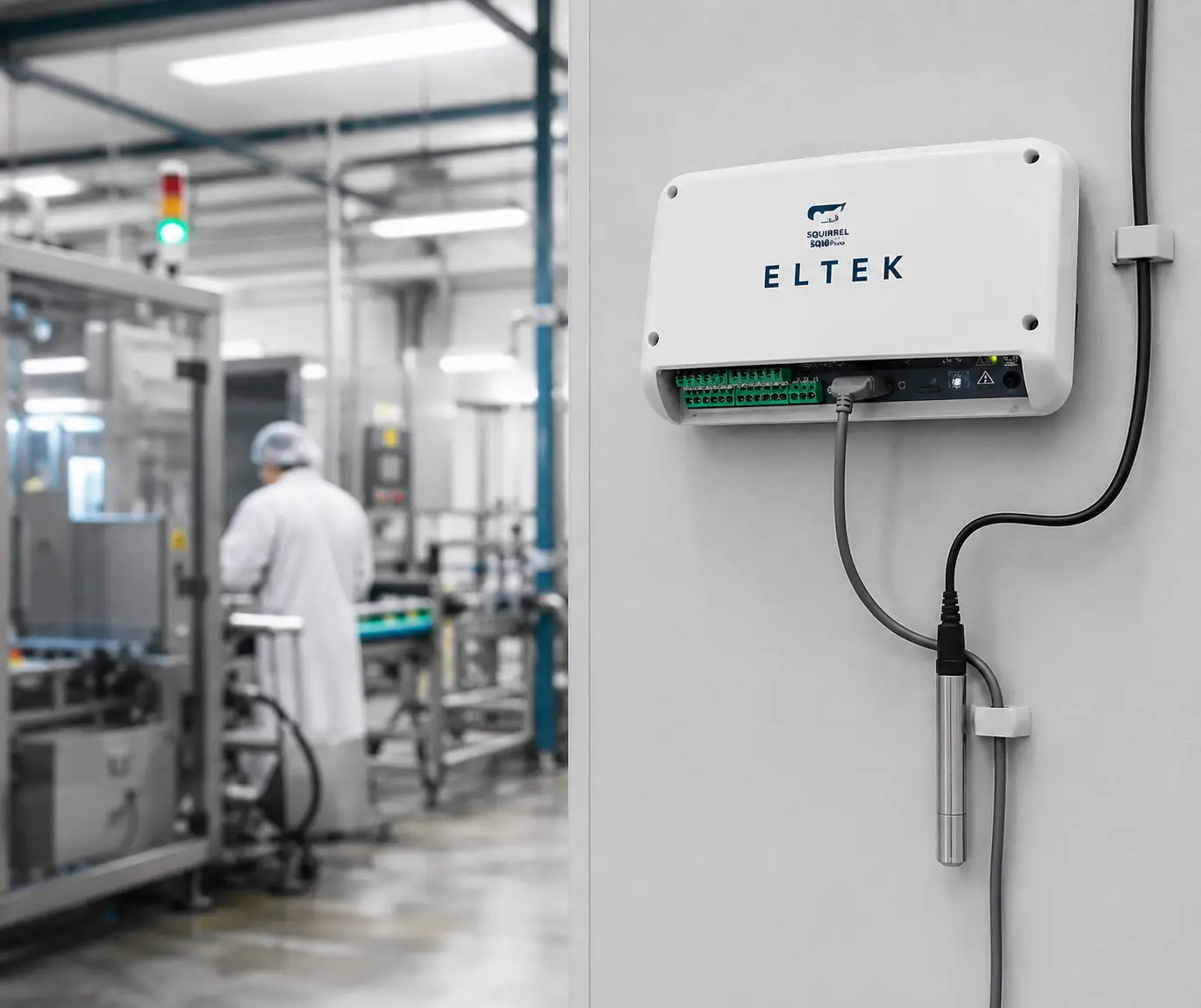 An Eltek data logger mounted on the wall of a production facility, monitoring equipment across a large site
