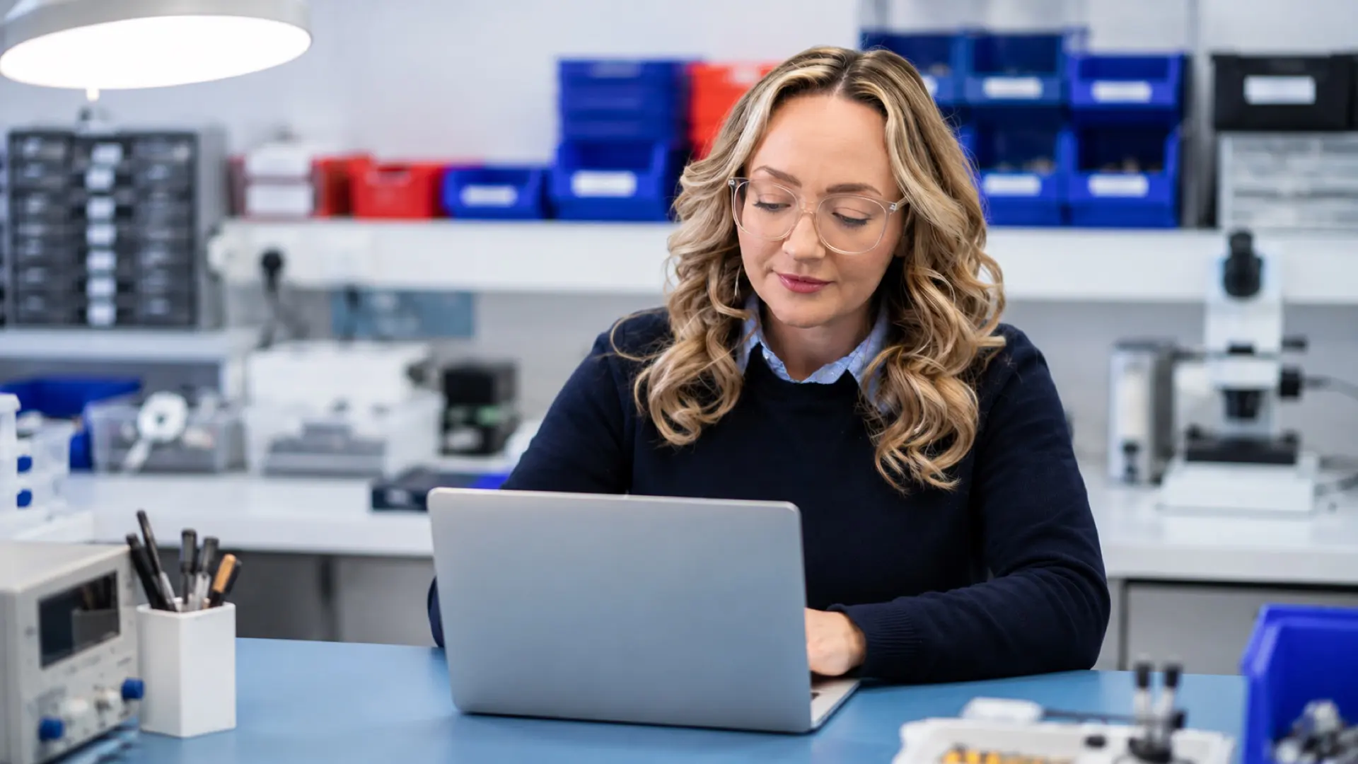 An Eltek team member working at a bench in the company's engineering laboratory, part of the UK-based team that supports Eltek partners with training and technical backup