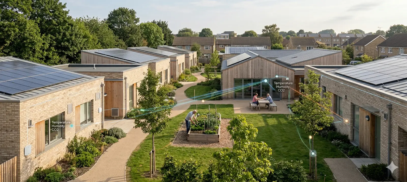 An aerial view of the Marmalade Lane cohousing development with solar roofs, where Eltek wireless sensors in around 120 locations monitor temperature, humidity, CO₂ and energy use
