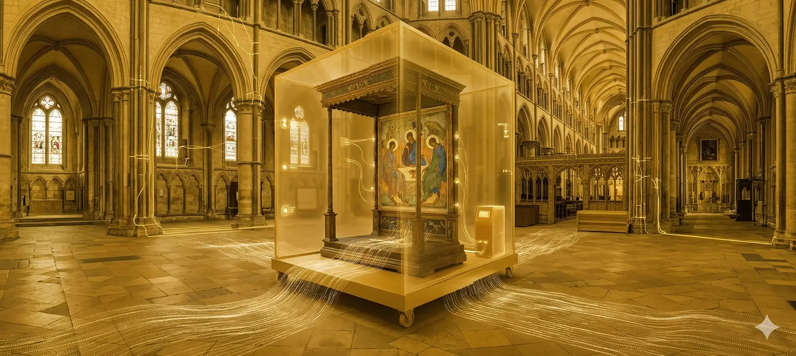 The nave of Canterbury Cathedral with a glazed display case, one of the historic interiors Eltek has monitored for temperature, humidity, light and structural movement since 2007
