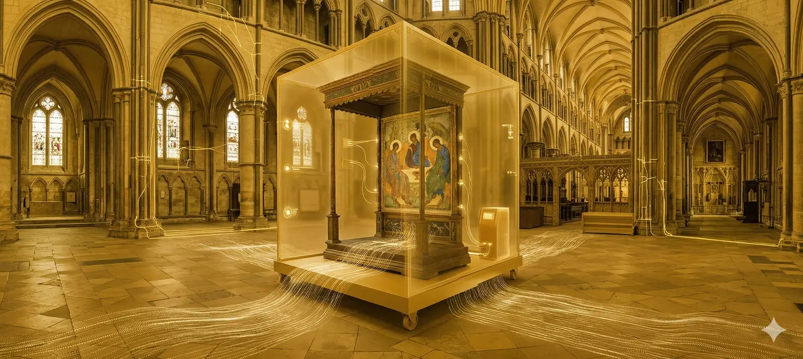 The nave of Canterbury Cathedral with a glazed display case protecting an icon, one of the historic interiors where Eltek has monitored temperature, humidity and light since 2007