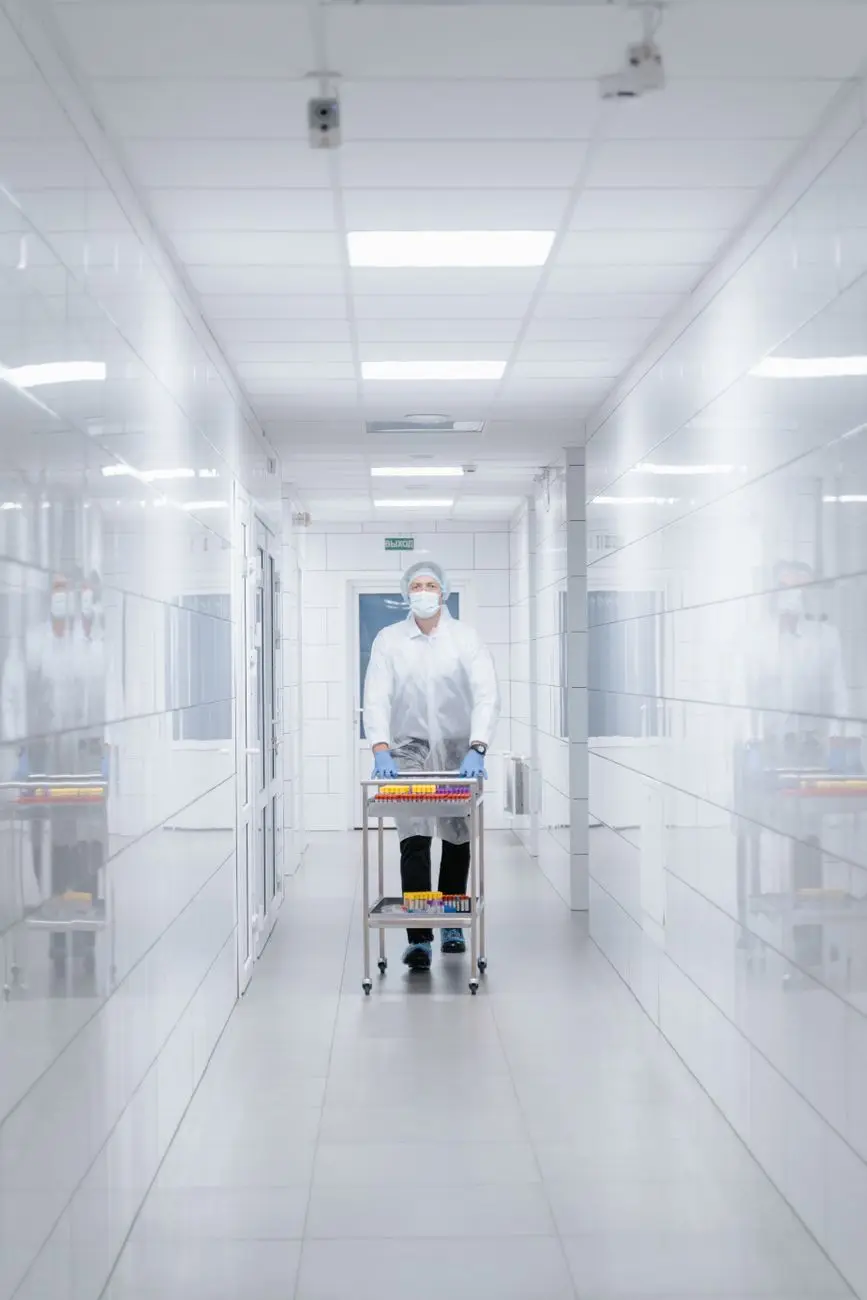 A gowned operative moving a trolley of labelled sample tubes through a sterile, temperature-controlled pharmaceutical facility, the kind of regulated storage and distribution environment a monitored cold chain protects