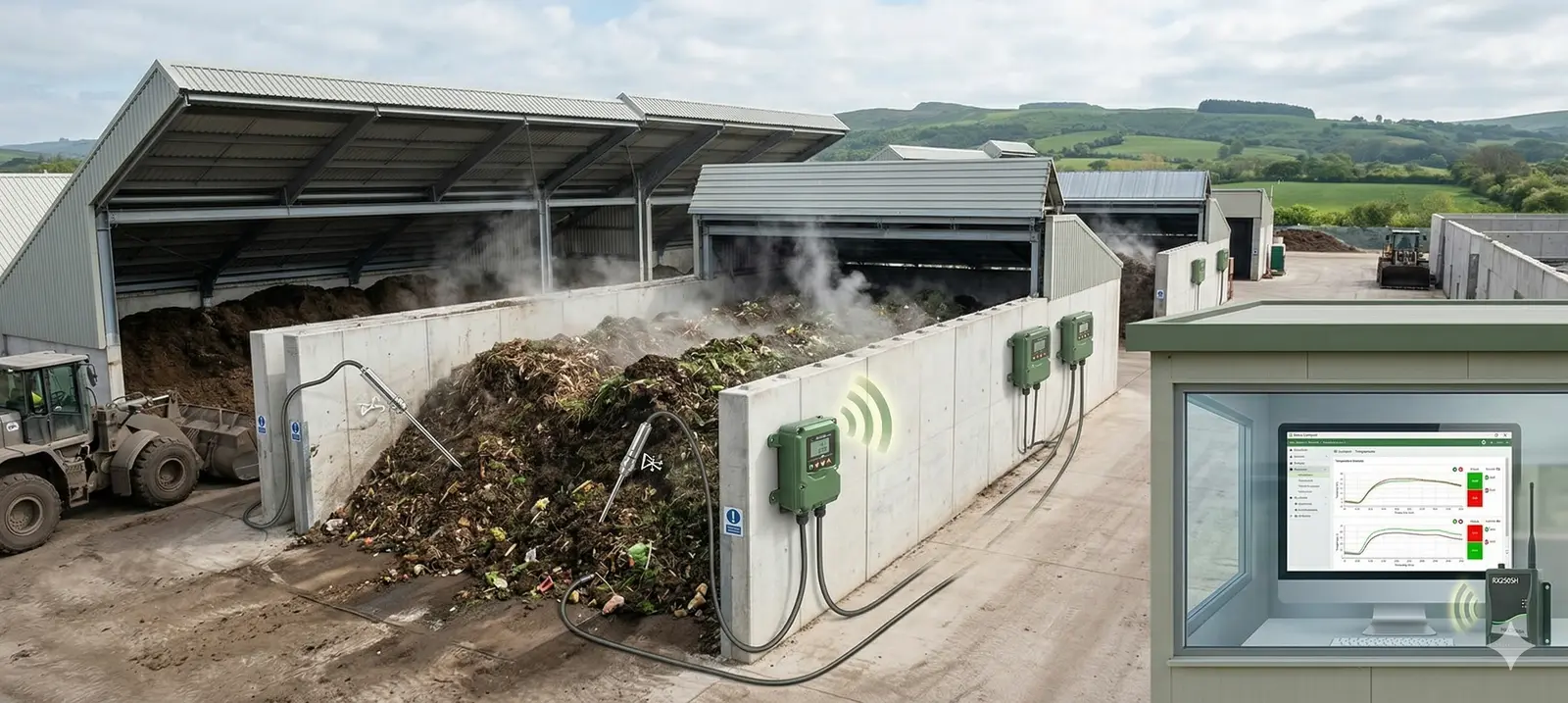 A large-scale in-vessel composting facility with steaming feedstock and Eltek wireless transmitters mounted on the bay walls, plus a live monitoring dashboard