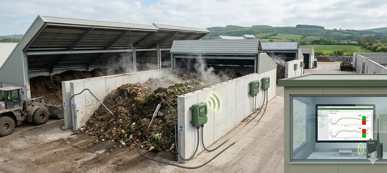 A large-scale in-vessel composting facility with steaming feedstock and Eltek wireless transmitters mounted on the bay walls, plus a live monitoring dashboard