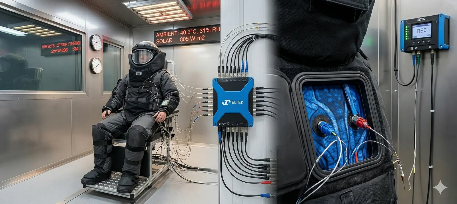 A researcher in a bomb-disposal suit inside an environmental chamber at Coventry University, wired to an Eltek GenII system logging temperature from seven body and cooling-suit locations