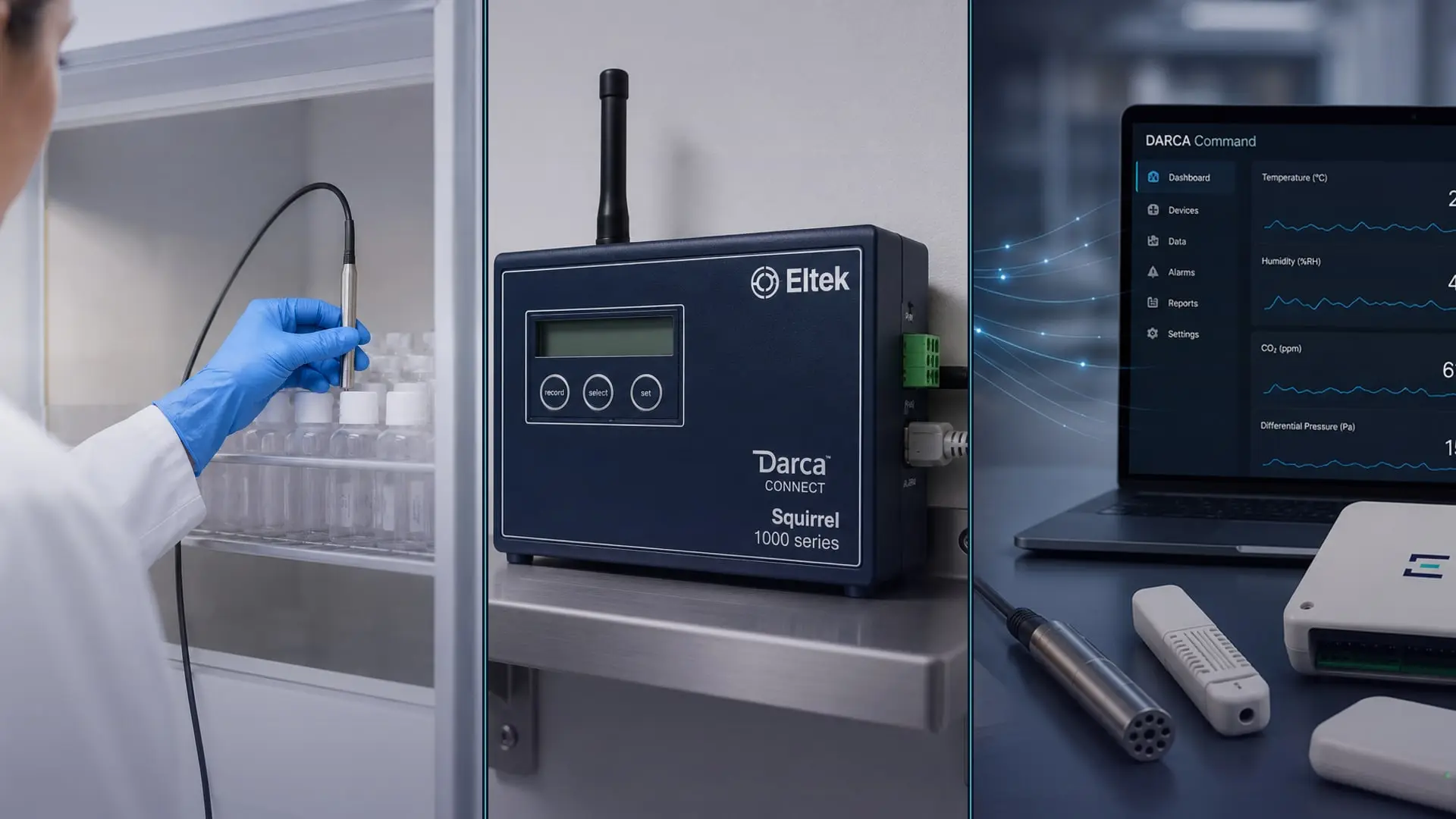 The Eltek Darca platform: a wireless temperature probe, the Darca Connect hub and the Darca Command dashboard on a laptop