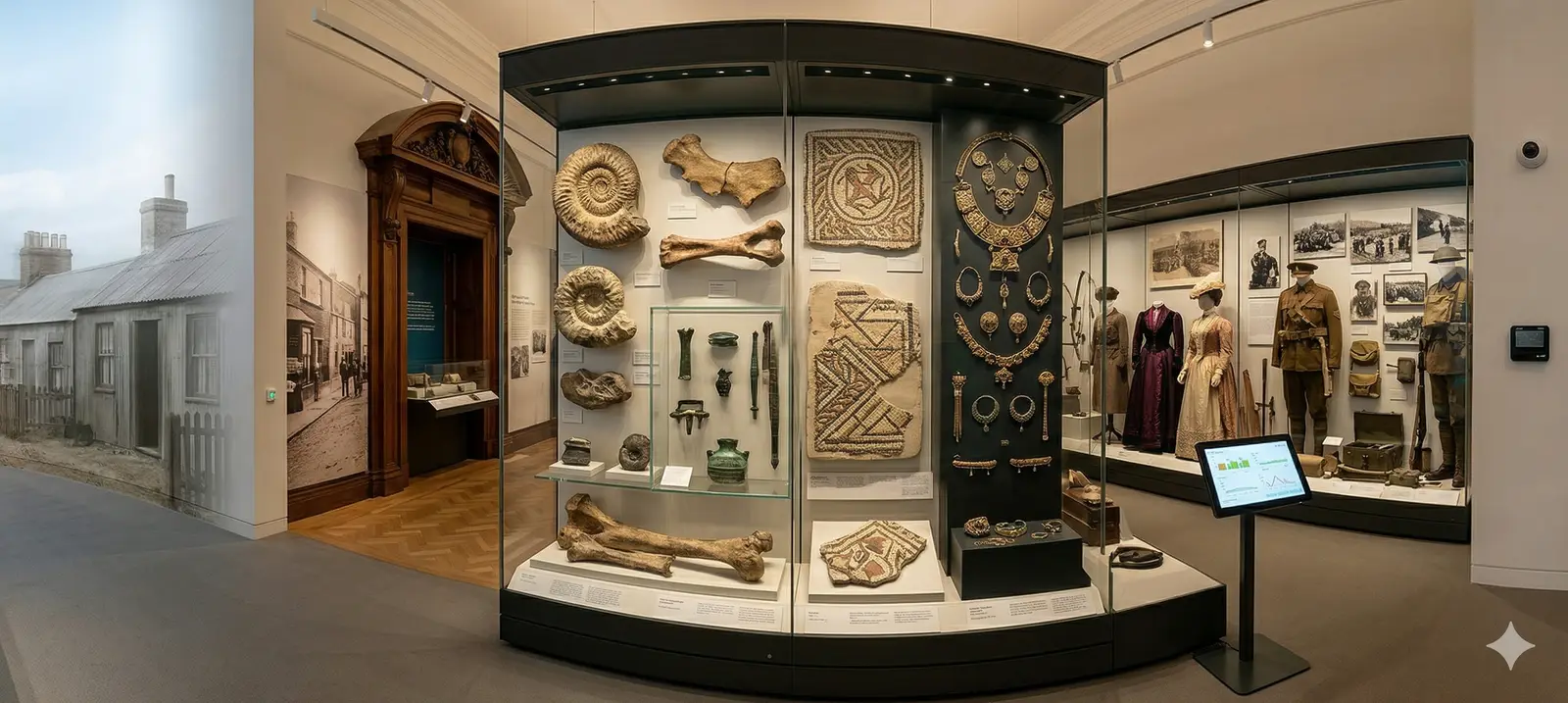 A gallery inside Folkestone Museum with a large glazed display case of artefacts, protected by an Eltek monitoring system