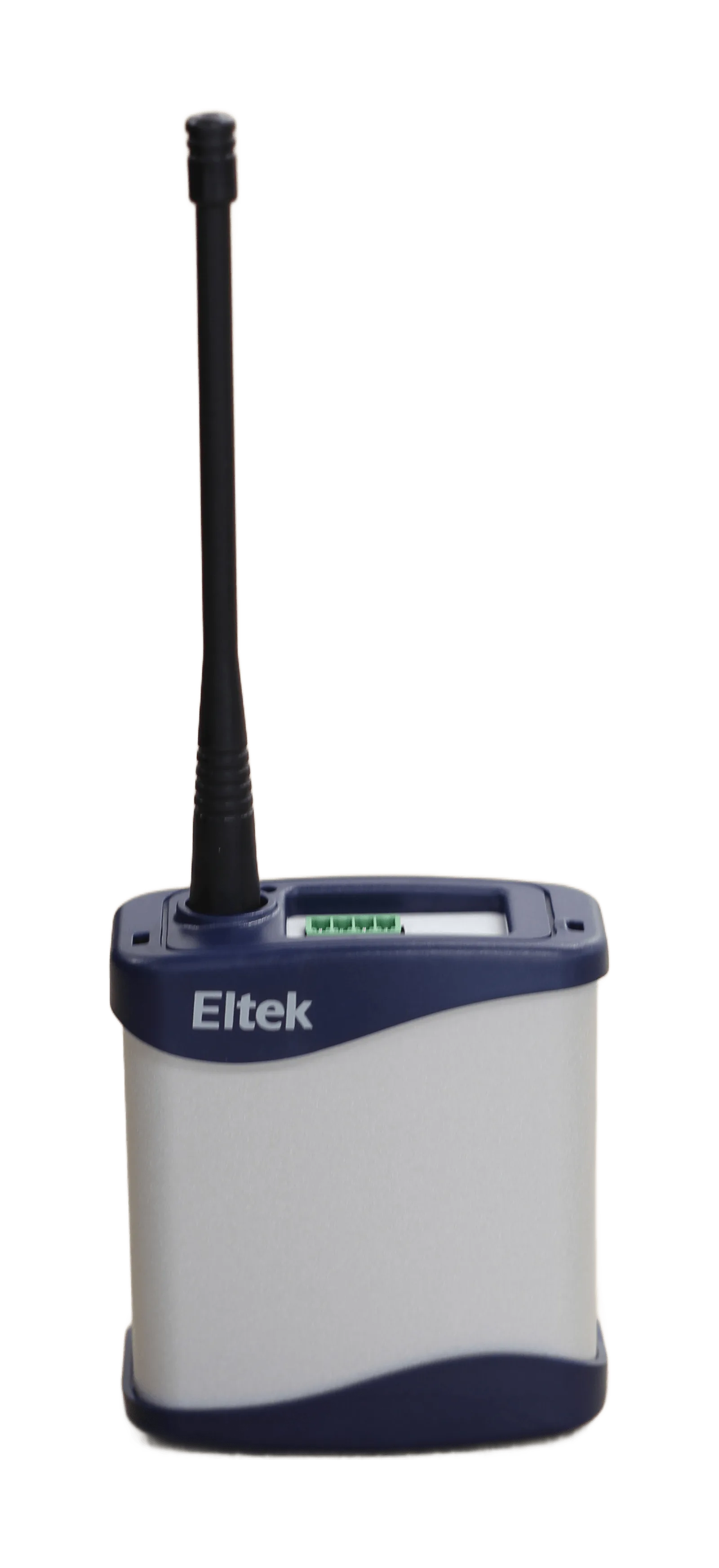 Eltek GC60F wireless GenII flood and leak detection transmitter, a navy and grey unit with a green dual-input terminal block for flood sensor cable and a single whip antenna