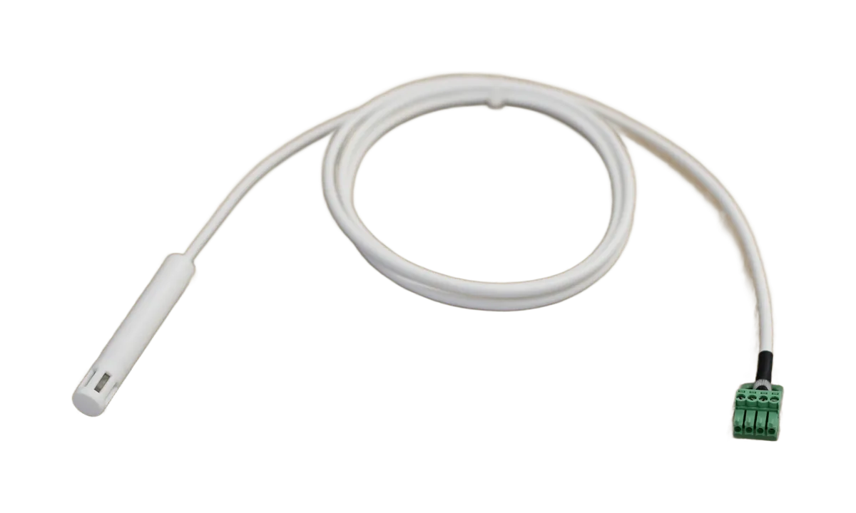 The Eltek RHT-20E relative humidity and temperature probe on a flying lead, ending in a green screw-terminal plug that connects to the GD14E
