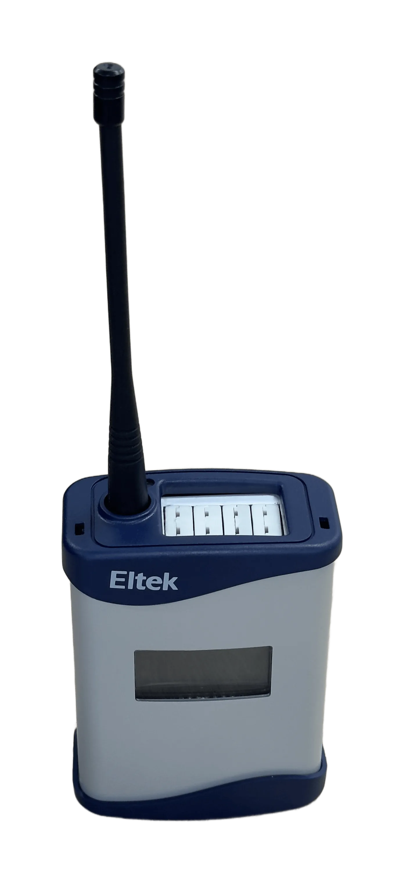 The Eltek GD24 wireless transmitter at a three-quarter angle, showing the navy and grey enclosure, antenna, integrated display and white four-way input socket block