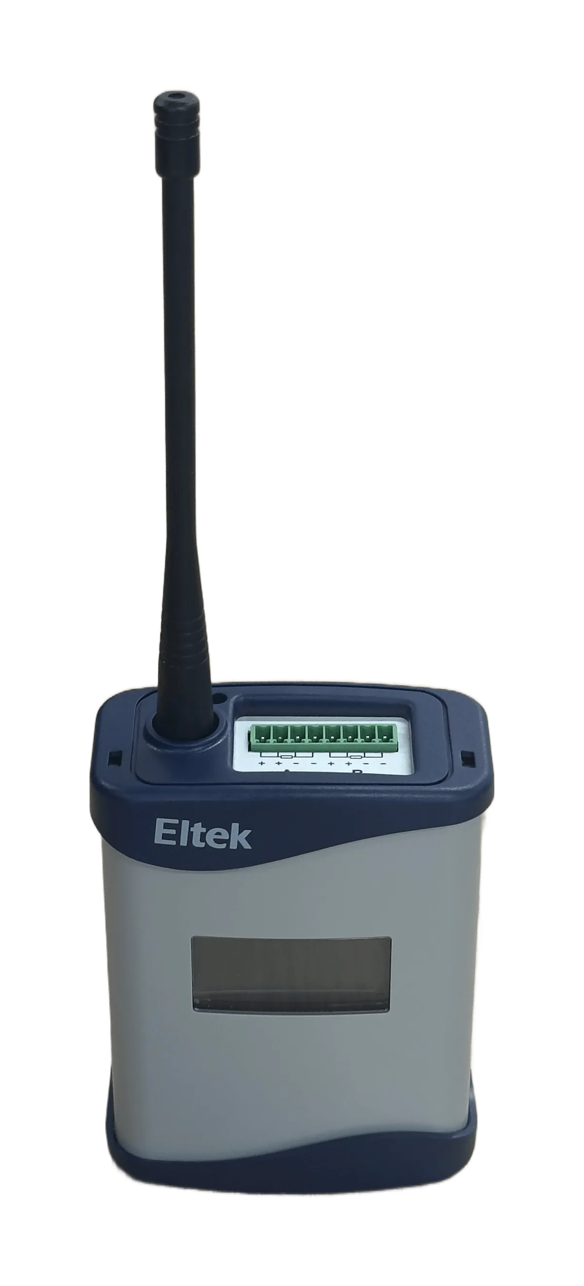 Front elevation of the Eltek GD52A wireless GenII transmitter, antenna up, with its green multi-way screw-terminal block and integrated display