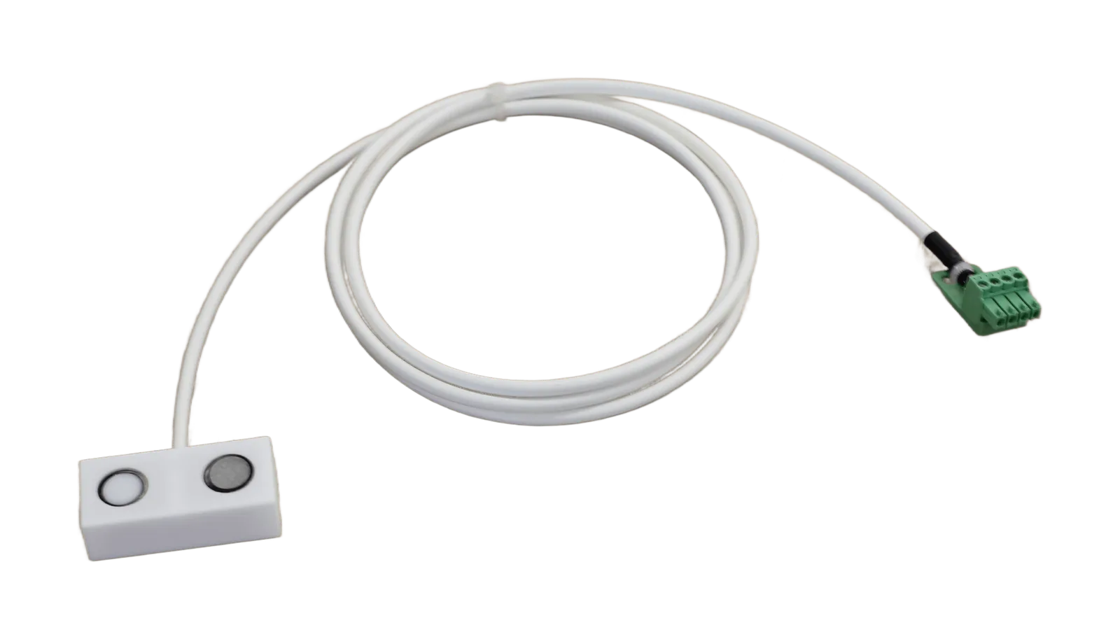 The Eltek LS70-S Lux and UV light sensor, a white twin-element sensor block on a flying lead ending in a green screw-terminal plug that connects to the GD72E