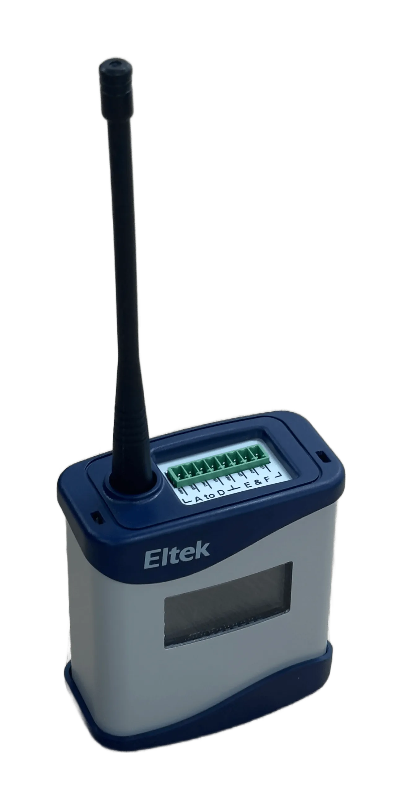 Close detail of the Eltek GD72E green multi-channel screw-terminal block labelled A to F, for connecting the LS70-S Lux and UV light sensor and the RH/T sensor