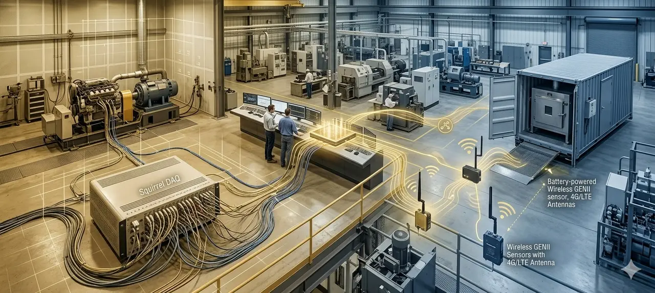 An industrial plant floor combining wired Squirrel DAQ on fixed assets with battery-powered wireless GENII sensors on distributed equipment, illustrated as one Eltek architecture