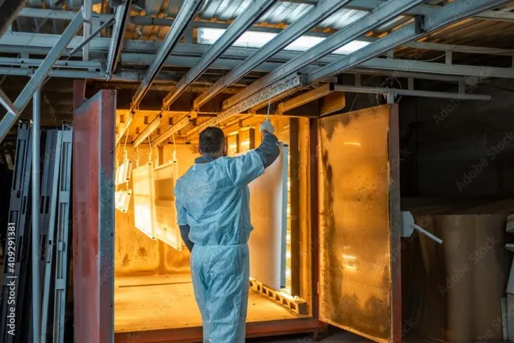 A technician in protective clothing inspecting components inside a glowing high-temperature industrial curing oven, a through-process application where Eltek proves thermal uniformity
