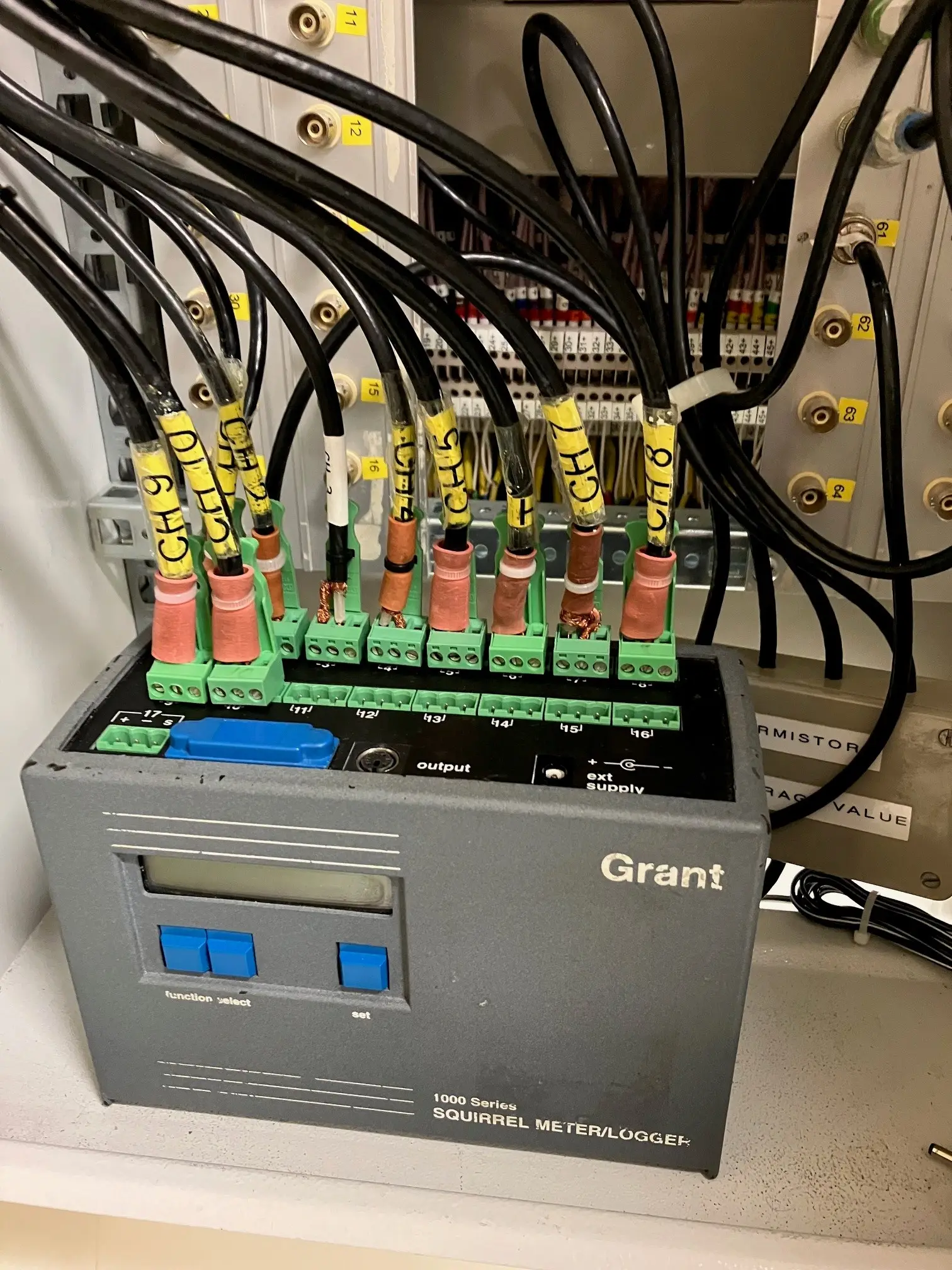 A Grant Squirrel multi-channel data logger with numbered thermistor channels wired in, used for multi-site skin-temperature arrays