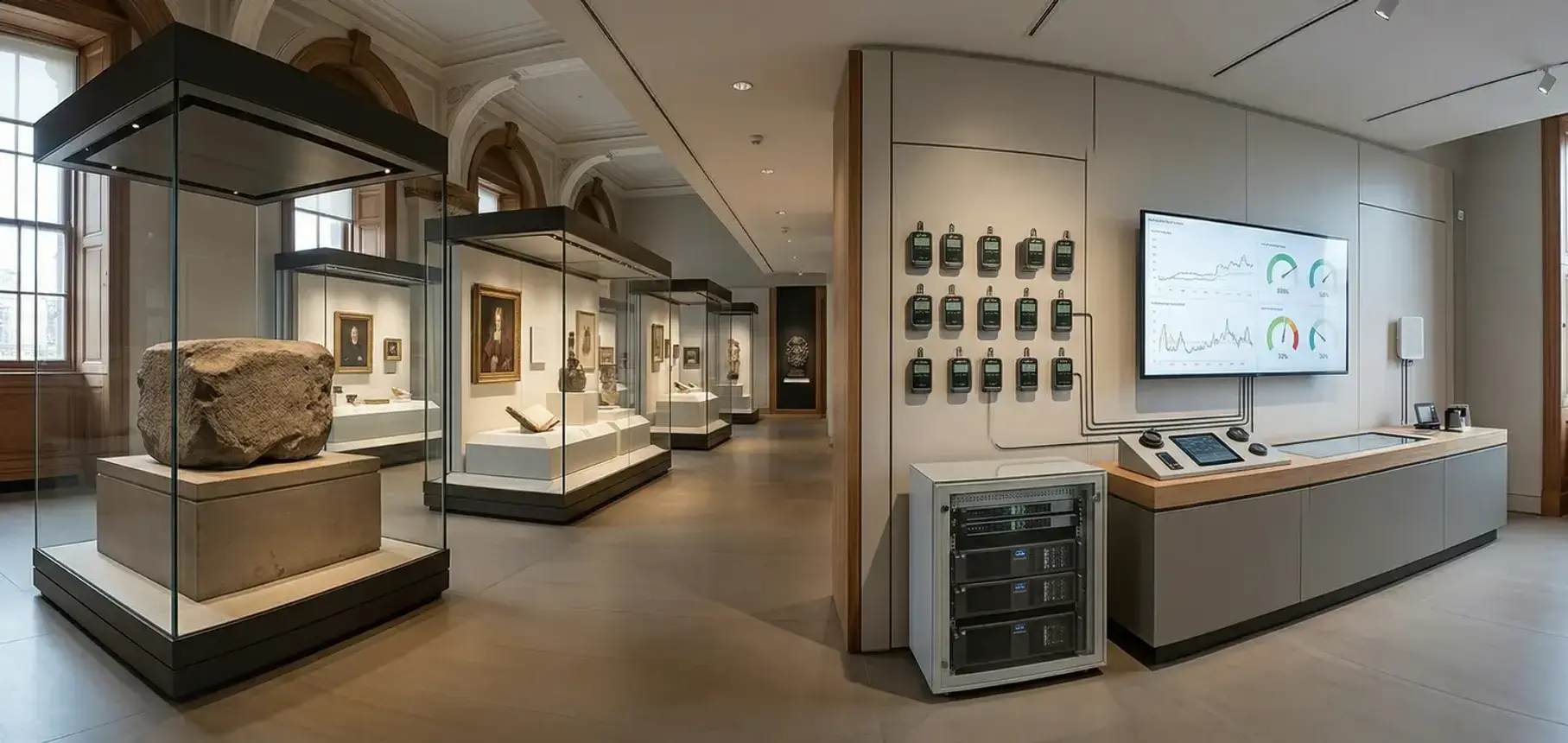 A museum interior with heritage collections protected by Eltek environmental data loggers