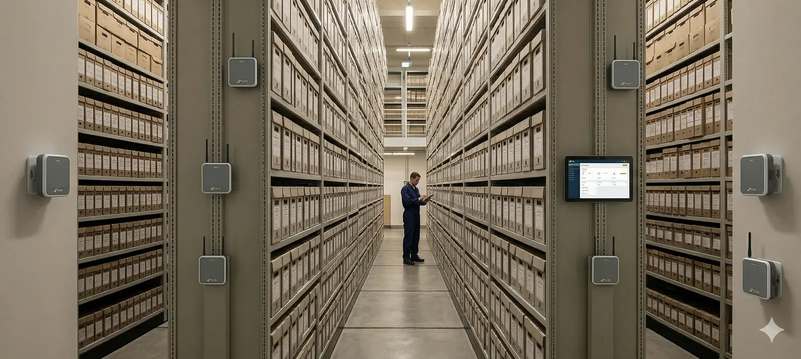 The archive stacks of the National Archives of Ireland, shelved floor to ceiling, with Eltek wireless sensors mounted along the aisles