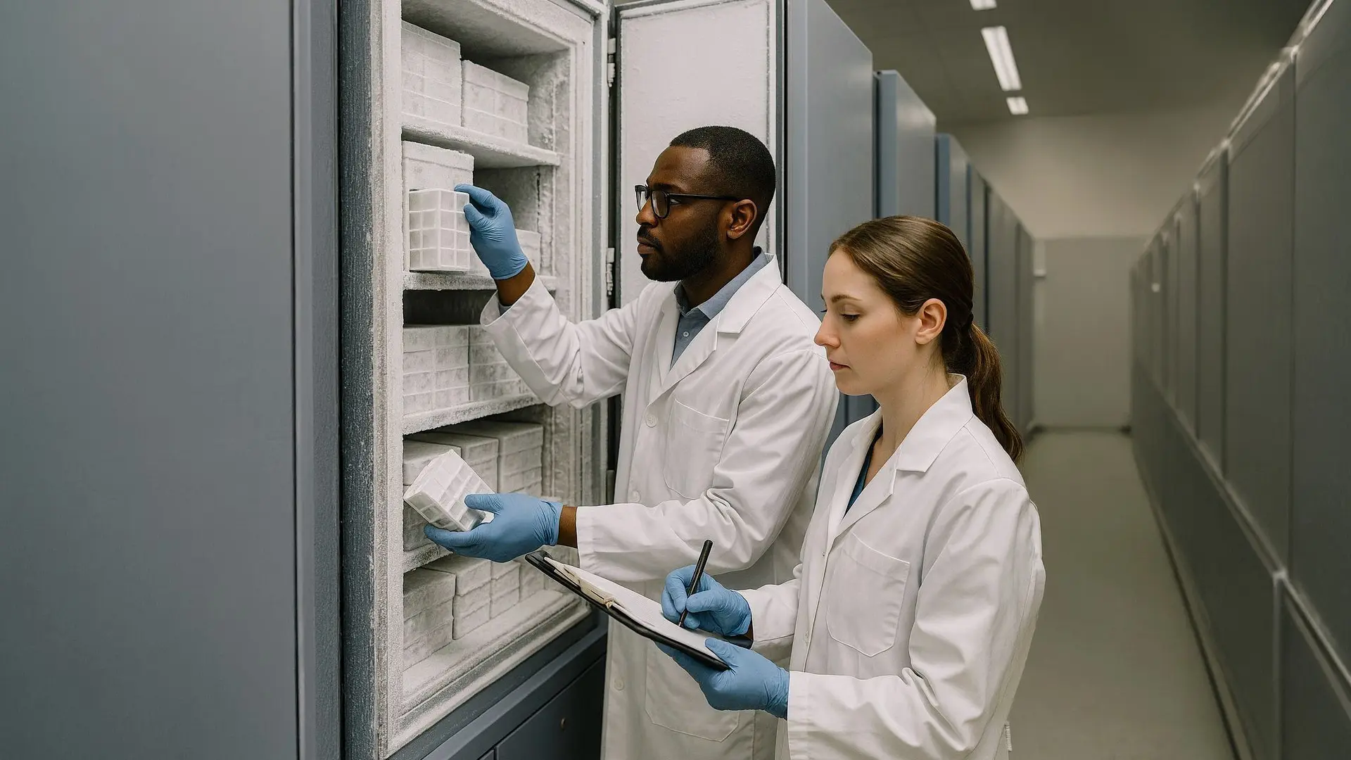 Two scientists manually checking and recording samples at an ultra-low-temperature laboratory freezer