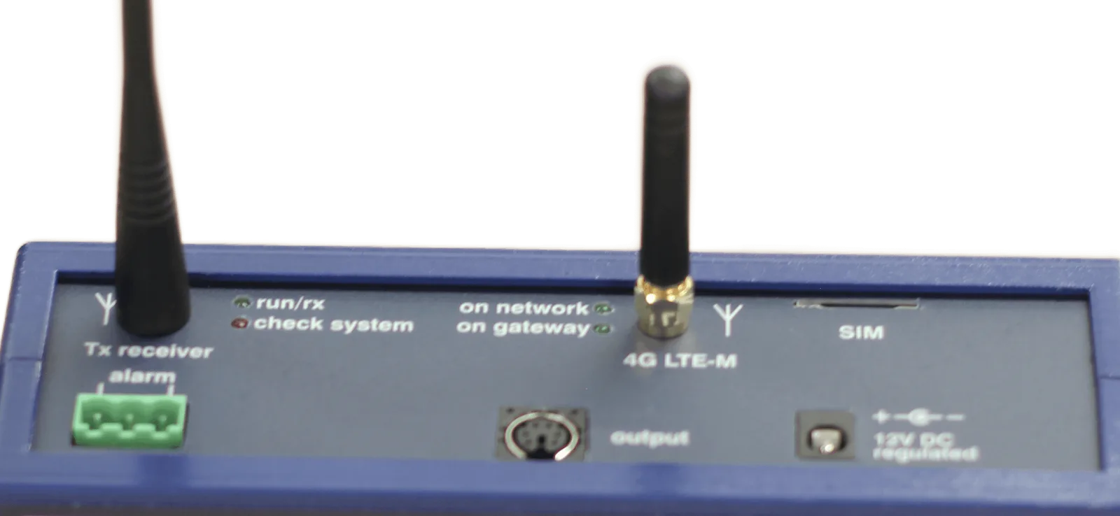 Detail of the Eltek SRV450 top panel — the green Tx-receiver terminal, 4G LTE-M antenna connector, output socket, SIM slot and 12V DC input, each labelled