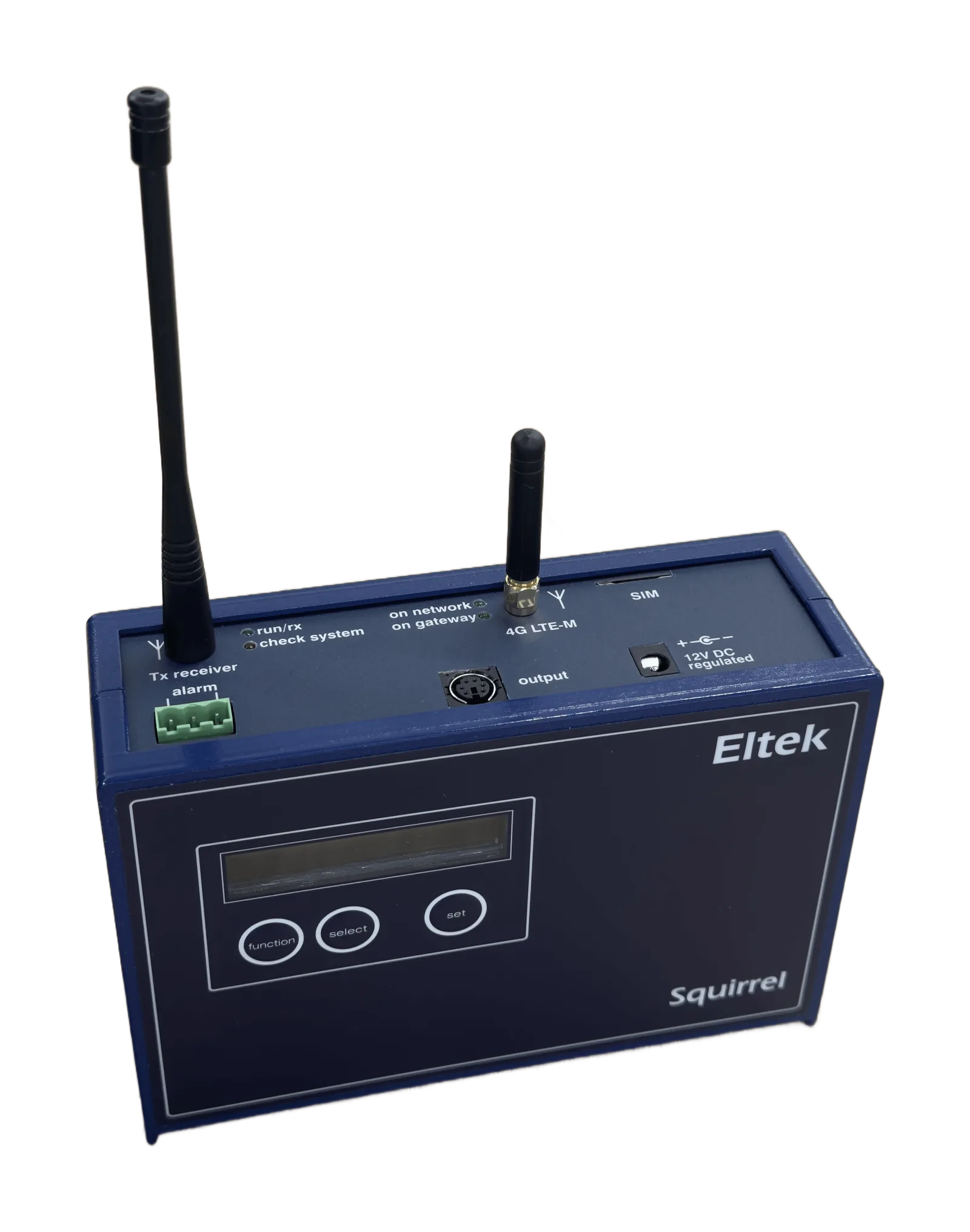 Eltek SRV450 receiver logger and wireless hub, a navy Squirrel unit with a Tx-receiver antenna and a 4G LTE-M antenna, SIM slot and connection terminals