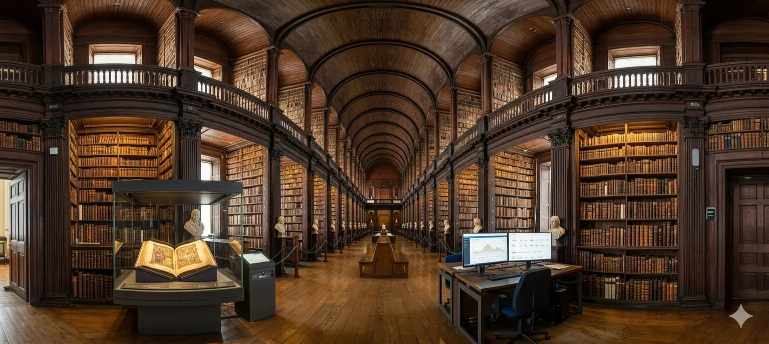 The vaulted timber ceiling and tiered oak bookcases of the Long Room at Trinity College Dublin, the historic library interior where Eltek GC10 and CB70 transmitters monitor temperature, humidity and light