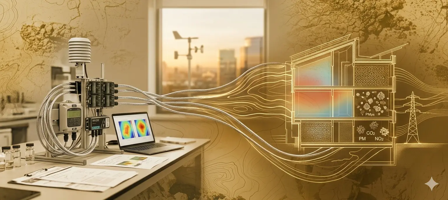 An Eltek advanced air-quality monitor with sensors and a dashboard, co-developed with UCL to measure CO₂, particulates, NO₂, CO, TVOCs and ozone in buildings
