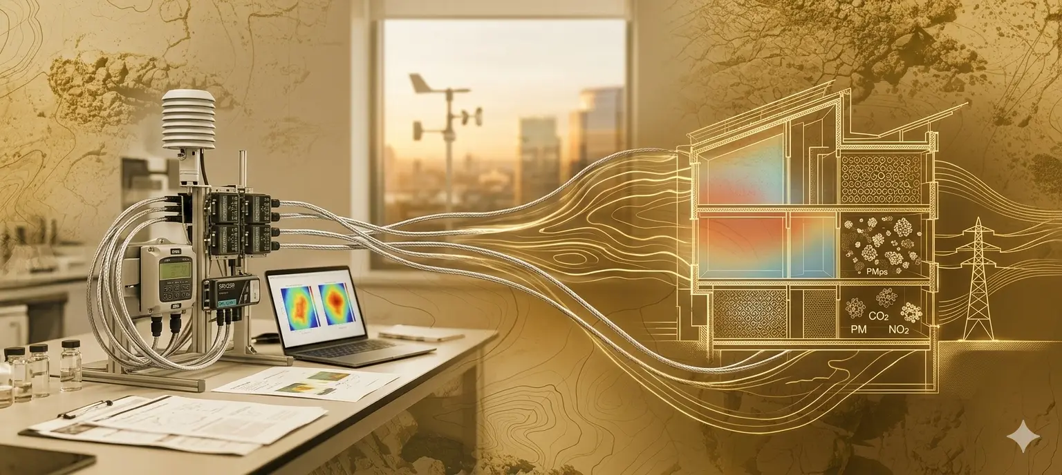 An Eltek advanced air-quality monitor with sensors and a dashboard, co-developed with UCL to measure CO₂, particulates, NO₂, CO, TVOCs and ozone in buildings